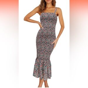 Chic Floral Midi Dress in Black and Red